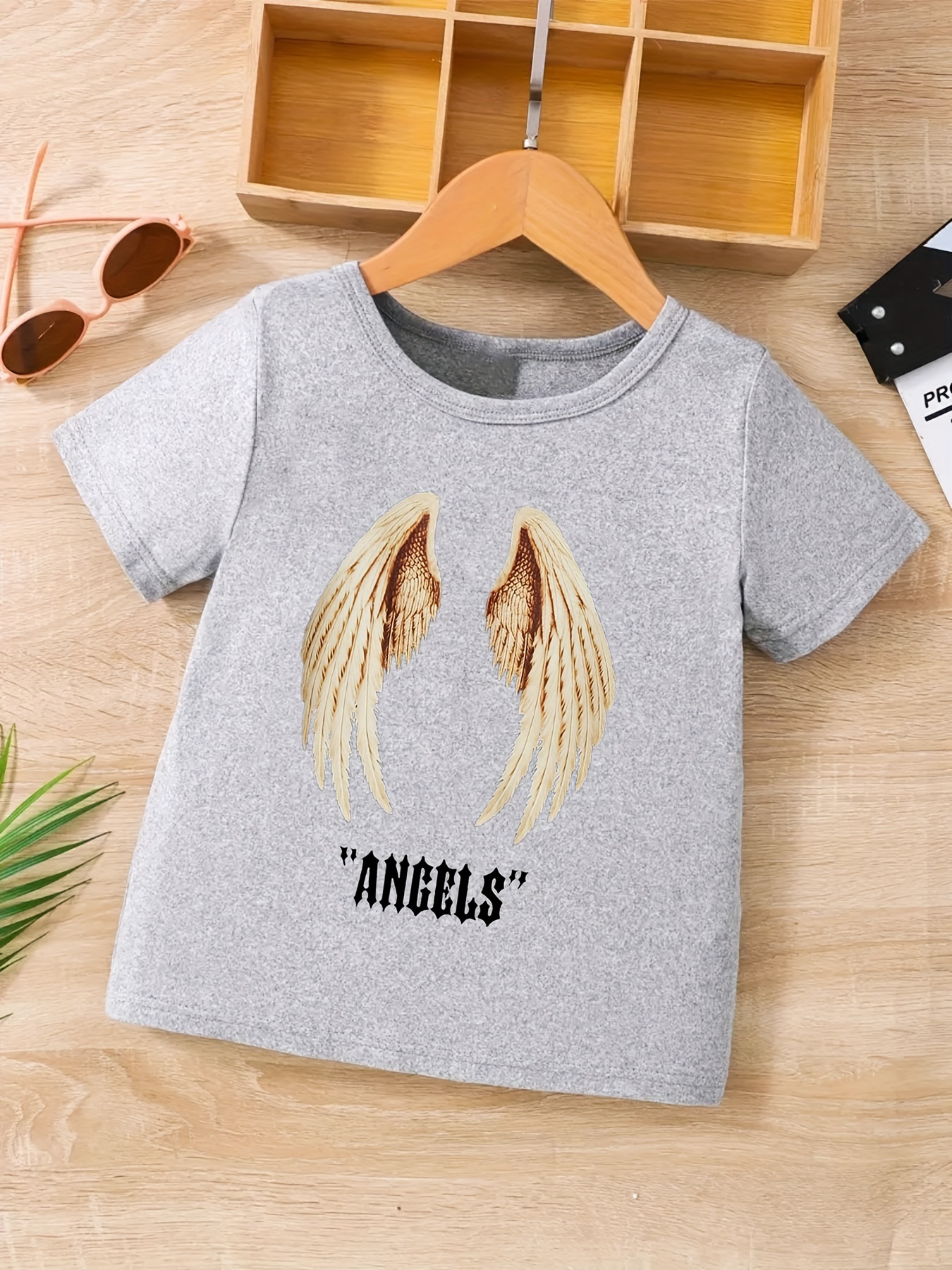 Angel Wings Print Long Sleeve T-shirts for Men, Plus Size Stretchy Graphic Tees for Summer Casual Daily Style,Casual,Temu