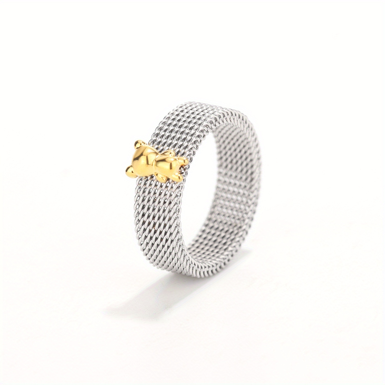 Image of Bear Mesh Wide Band Ring, Cartoon , Stainless Steel Waterproof Women's Ring, Cute Fashion Jewelry, Ideal For Daily Wear, Valentine's Day, Christmas, Mother's Day Gift, 6mm Wide