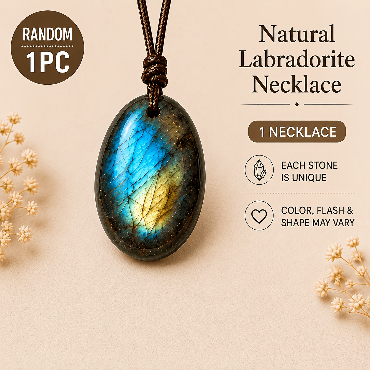 TEMU 1/3/5pcs Natural Labradorite Pendant Necklace, Random Jewelry With , Adjustable Brown Cord Boho Unisex Necklace, Gothic Style, Valentine's Day
