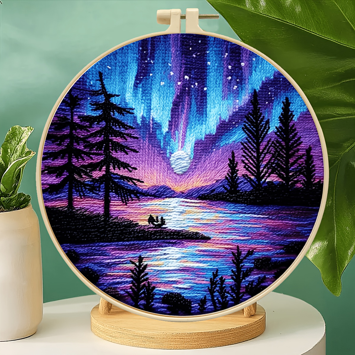 TEMU 1 Set Stickerei Set, Aurora Wald Handwerk Material Pack, Anfänger Komplett Werkzeug Set, Landschaft Home Deko Stressabbau Handgemacht Kreativ