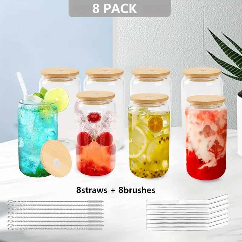 16pcs 16oz glass cup with straw bamboo lid cleaning brush coffee cup bottle water cup set for milk mother day party birthday wedding gift cup kitchen items Product details 5