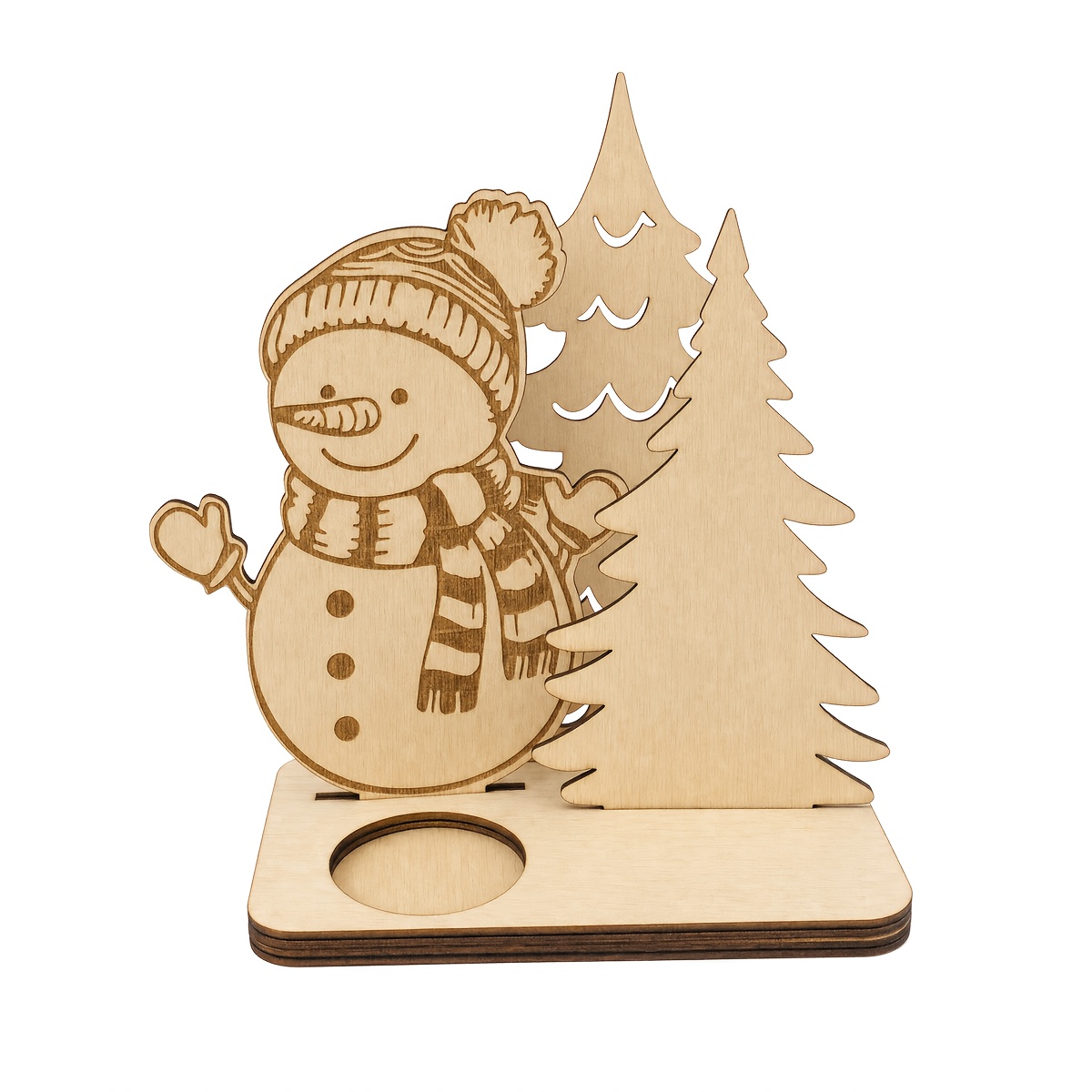 TEMU 4pcs/Set Bougeoir de Noël en Bois - Centre de Table Motif de Noël Découpé et Gravé au Laser - Décoration de Fête Peintable avec Personnages et