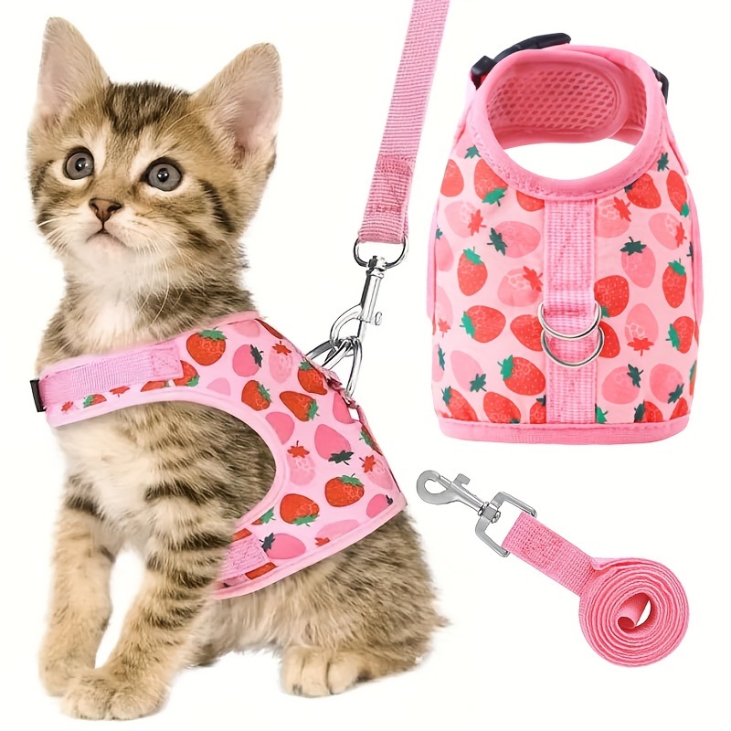 

Escape-proof Cat Harness With 4-foot Leash – Soft Mesh, Adjustable Vest Harnesses For Kittens & Small Pets, Fruit Patterned Polyester Fiber Material