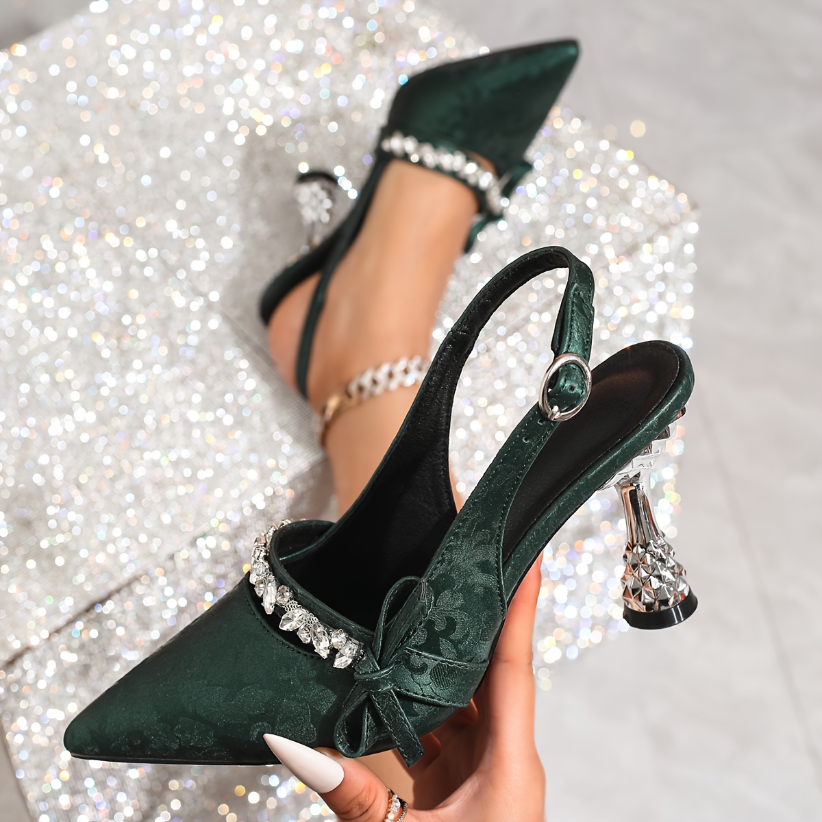 Elegant French-Inspired Pointed Toe Stiletto Sandals for Women - Summer High Heels with Ankle Strap, Rhinestone Embellishments & Bow Detail, Red & Black, Faux Cover, Perfect for Casual or Formal Occasions, Stiletto Heels