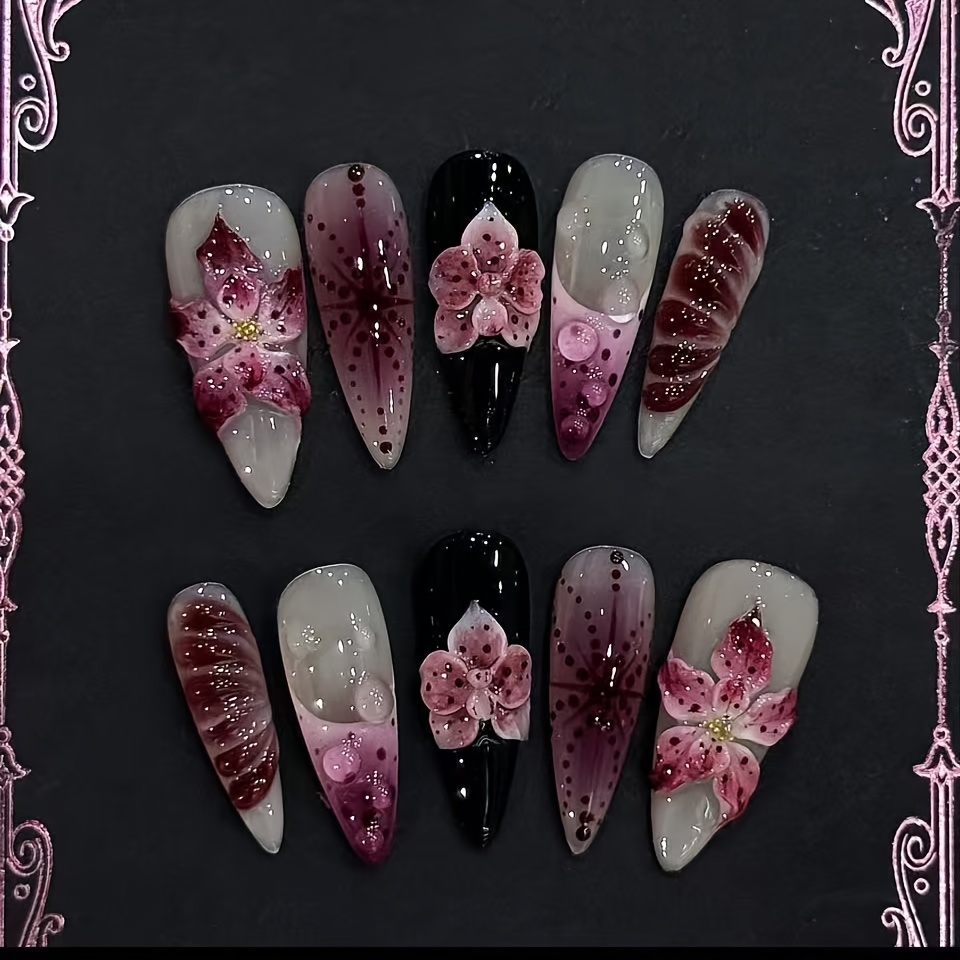TEMU Manye Flower Shadow Wind 24pcs Set, Pointed Contrasting Black And , Pearl Bubbles, Wearing Armor For Daily Wear, Short Trips, Shopping, Leisure,