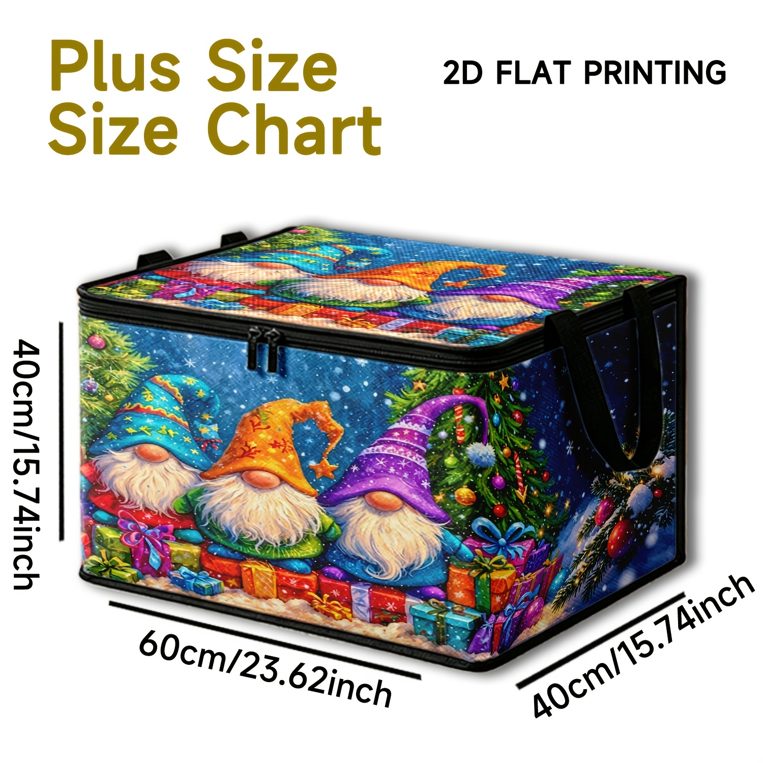TEMU 1pc Cartoon Christmas Gnome Print Soft Fabric Storage Box, Featuring A Double Zipper Design With A Reinforced Carry Handle. Beautifully Printed