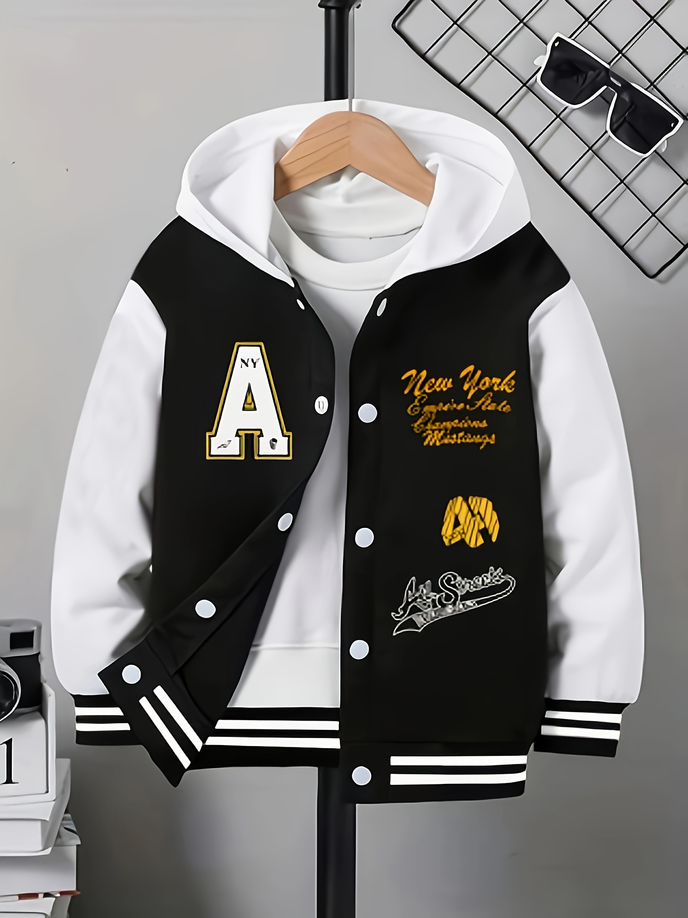 Boys and Teens School Uniform Jacket, Unique Letter and Geometric Pattern Casual Cardigan, Comfortable Polyester Striped Trim Baseball Jacket, Comfortable Fit Coat