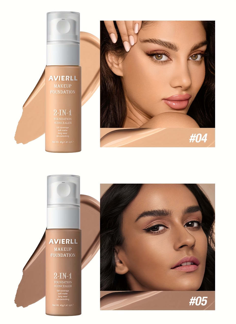 Moisturizing Foundation and Concealer | Waterproof, Suitable for Women'S Makeup, Valentine'S Day Gift, AVIERLL, 40g/1.41 oz, Medium Coverage, Fair to Light Tone