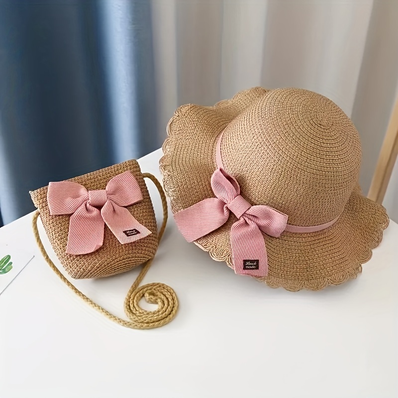 

2pcs Colorful Bow Decor Beach Straw Hat With Sun Protection And Crossbody Bag - Sweet And Cute Girls' Sunshade Hat