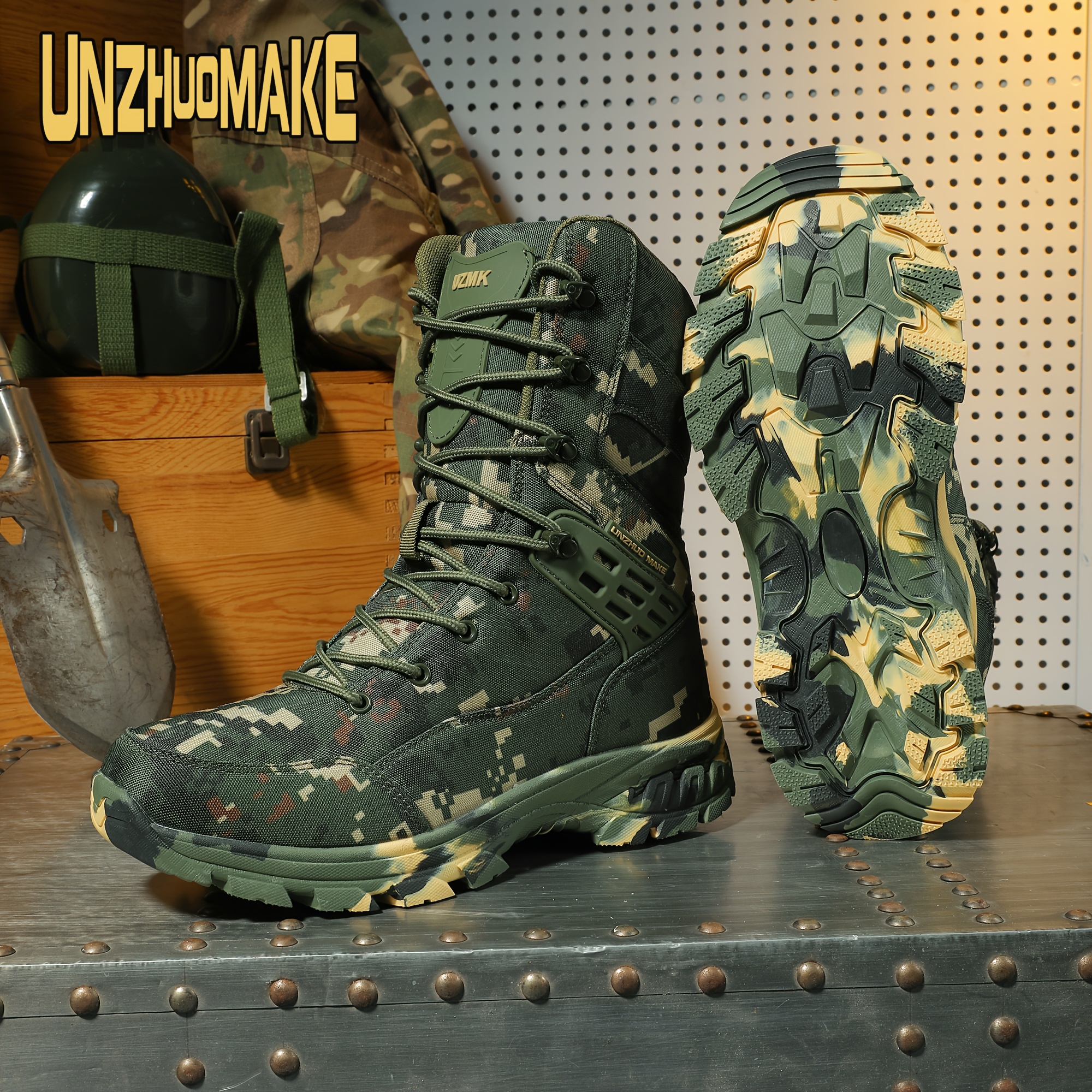 *'s Camo Hiking Boots -Like (No actual) -Slip Rubber Sole, Full-Zip  *-Calf/Ankle, Heavy-Duty Camo Pattern (Green/Brown/Black) for Outdoor,