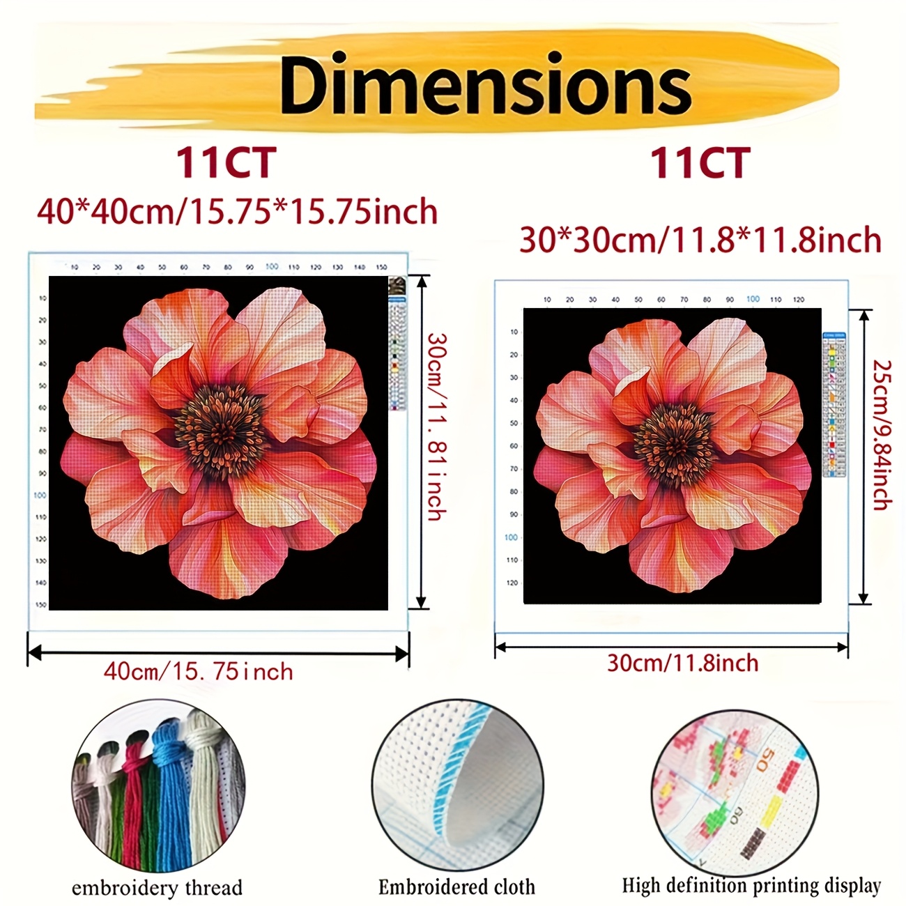 DIY Cross Stitch Print Kit, Frameless, "Vibrant Flowers on Black Background" Pattern
