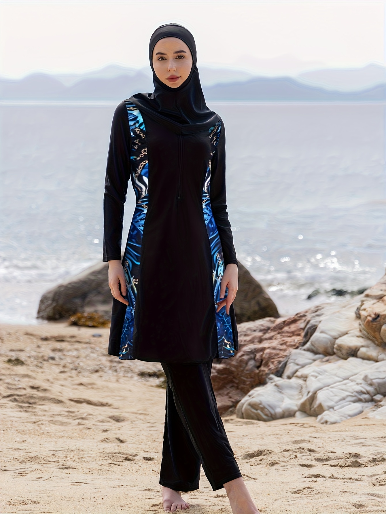 middle eastern style muslim ramadan festival long sleeve long pants 2pcs 3pcs set womens floral pattern conservative burkini full body swimsuit summer beachwear
