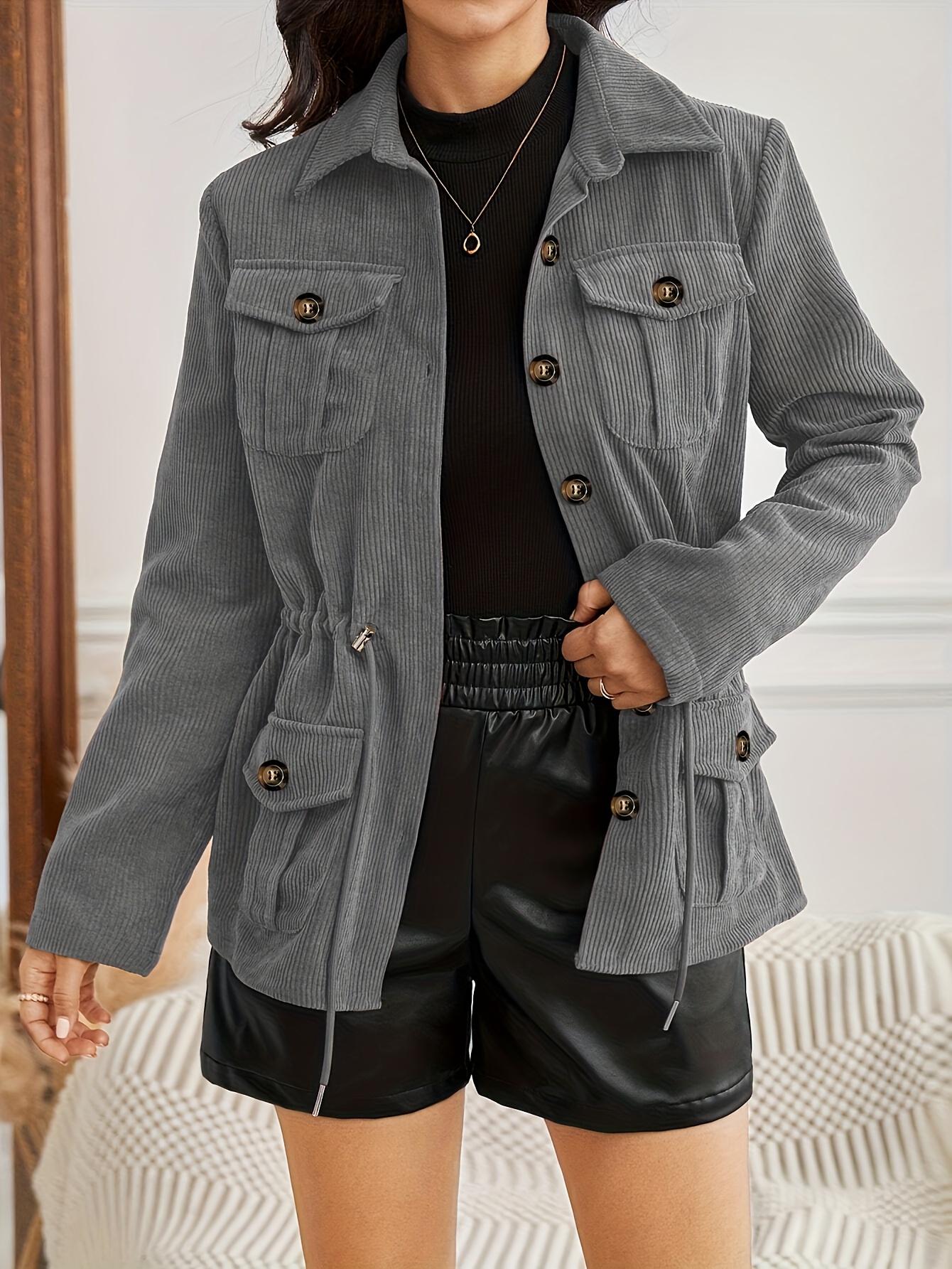 veste décontractée convertible pour femme avec capuche à cordon - manteau lavable en machine toutes  , poches   & design uni, collection   Détails du produit 0