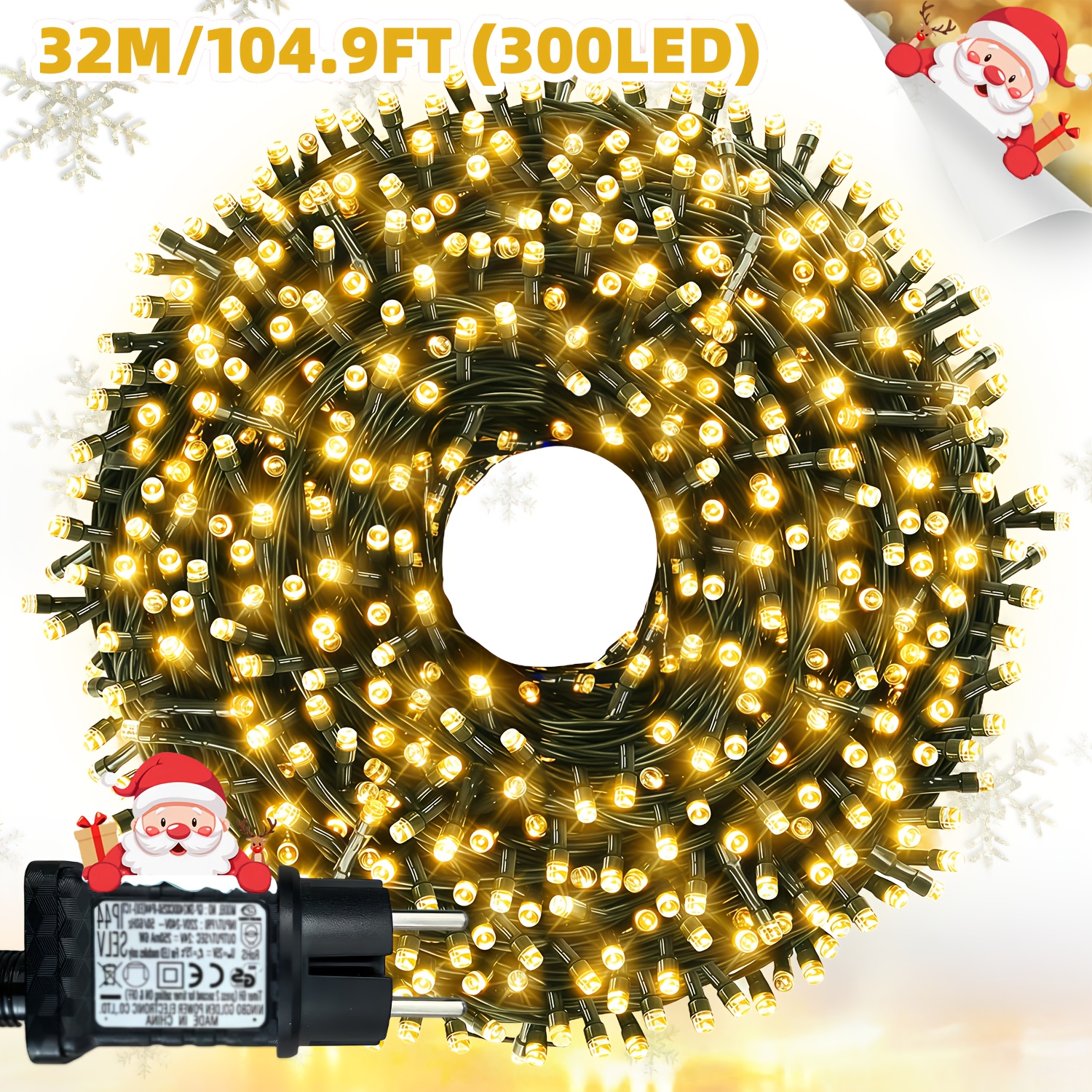 E-shop - Weihnachts-Lichterkette zum Einstecken, 300 LEDs/30 Meter Lichterkette für Schlafzimmerdekoration, mit 12 und einem Memory-Timer für die