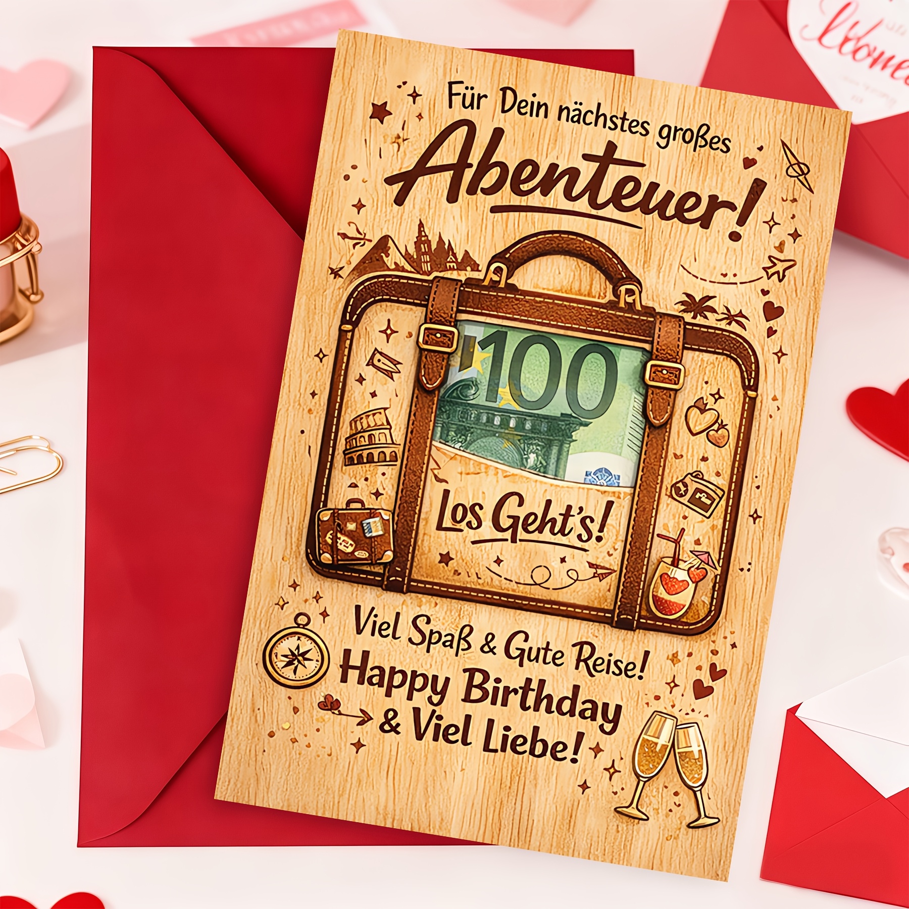 1 Set German Travel Themed Birthday Card With Envelope, Adventure Greeting Card, Wooden Texture Suitcase Design Card For