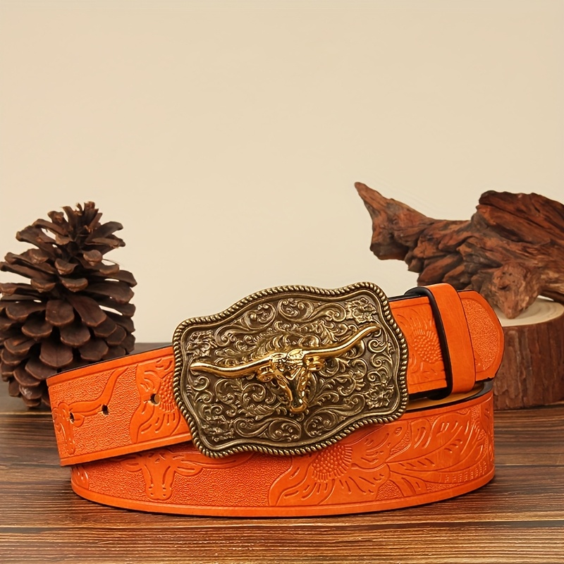 Men's Western Cowboy Belt with Long Horn Buckle