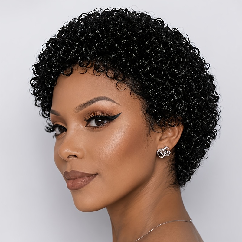 Image of 4inch Density Real Human Hair Wig Afro Curly Party Use Short Cut Brazilian Human Hair