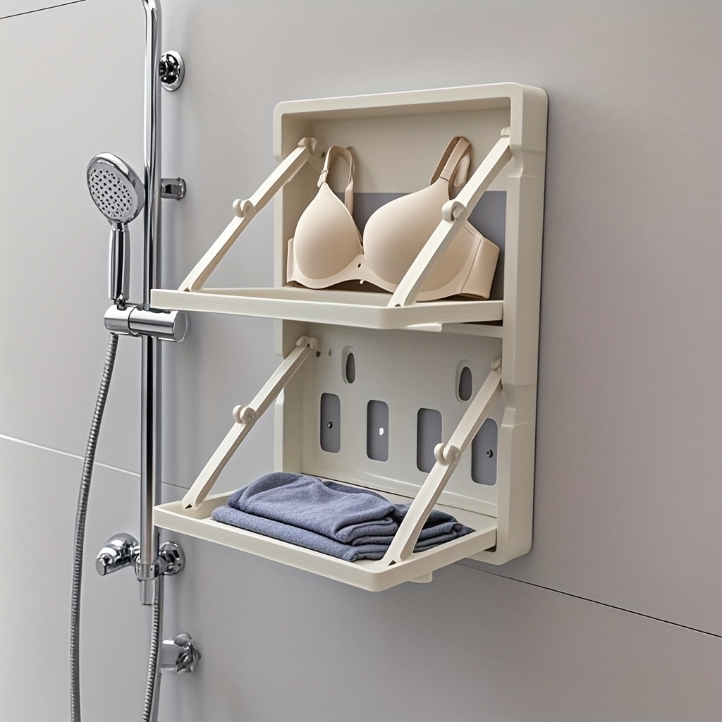 No-Drill Adhesive Wall-Mounted Double-Layer Folding Shelf - Reinforced Thickened Plastic Bathroom Organizer with 2-Tier Shelves for Towels, Toiletries - Space-Saving Storage for Bathroom & Toilet Walls, Toiletry Organization, Minimalist Design, Sturdy Construction, Compact Design, Durable Material, Compact Spaces, Utility Racks