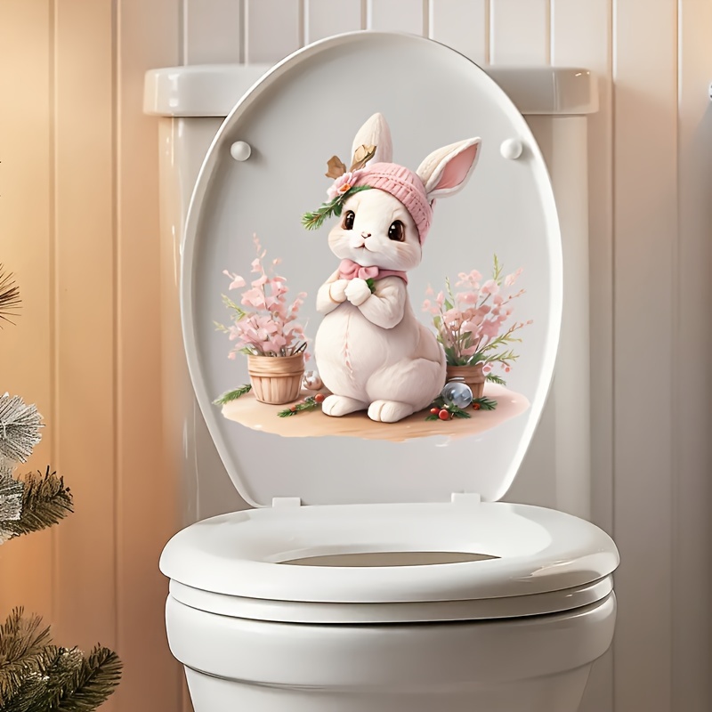 

1pc Cute Bunny Toilet Lid Decal - Animal Print Bathroom Decoration, Self-adhesive Ceramic Toilet Seat Sticker, Semi-glossy Finish, Single Use - Home Decor Wall Sticker With Floral Embellishments