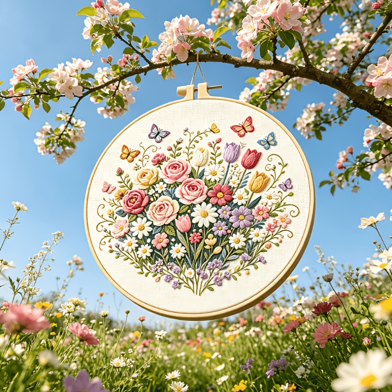 Flower Field Butterfly Whisper DIY Embroidery Kit for Beginners