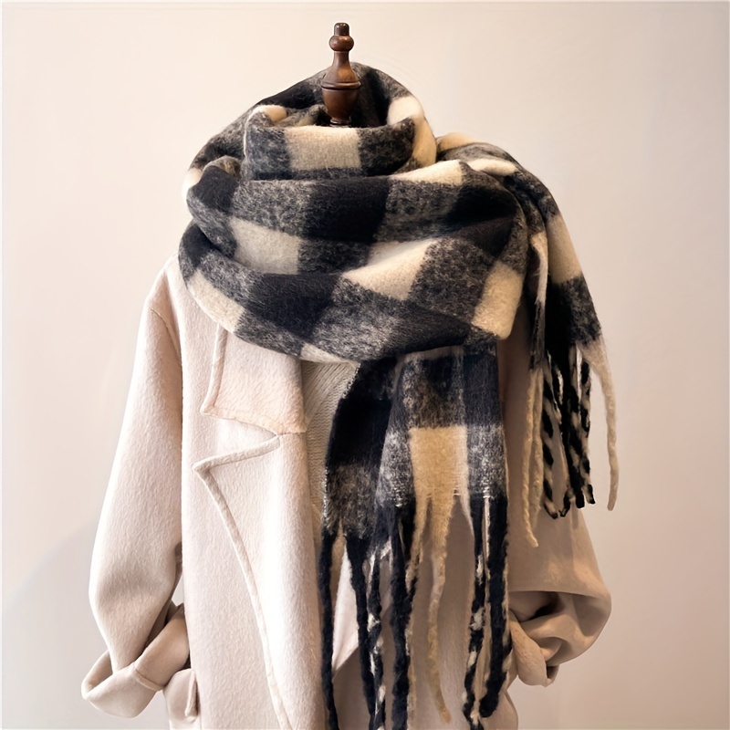 TEMU Double Color Grid Chunky Scarf Thick Warm Long Shawl With Tassel Autumn Winter Coldproof Windproof Neck Wrap