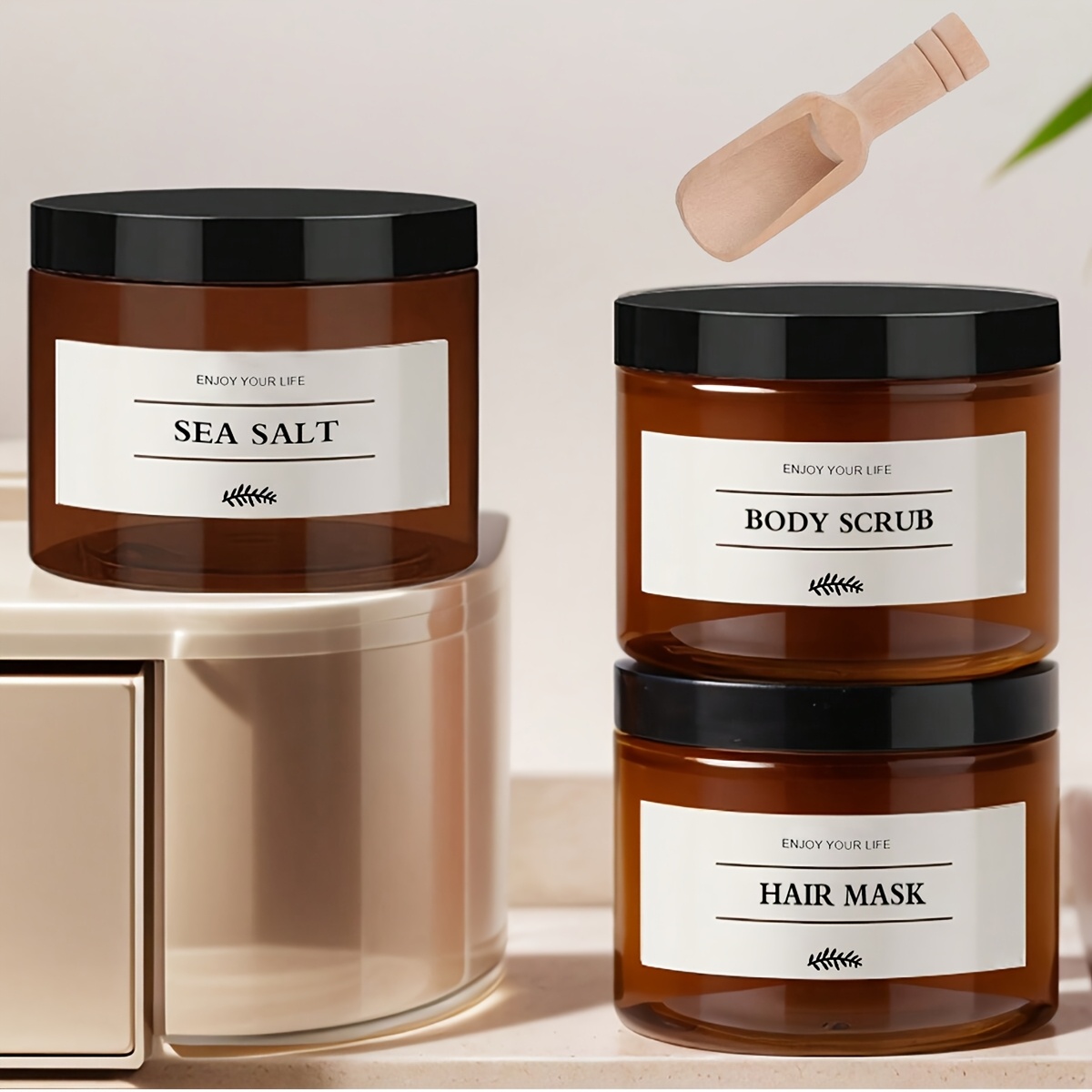 E-shop 3-teiliges Set von 10,14 oz Kosmetikgläser für Badesalz, Körperpeeling, Haarmaske Körperlotion mit wasserfesten Etiketten Holzlöffel