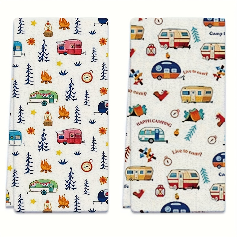 TEMU Lot de 2 serviettes à motif camping-car, motif arbre et , 16x24 pouces, doux et absorbant, torchons de cuisine familiaux, essentiels pour , , le