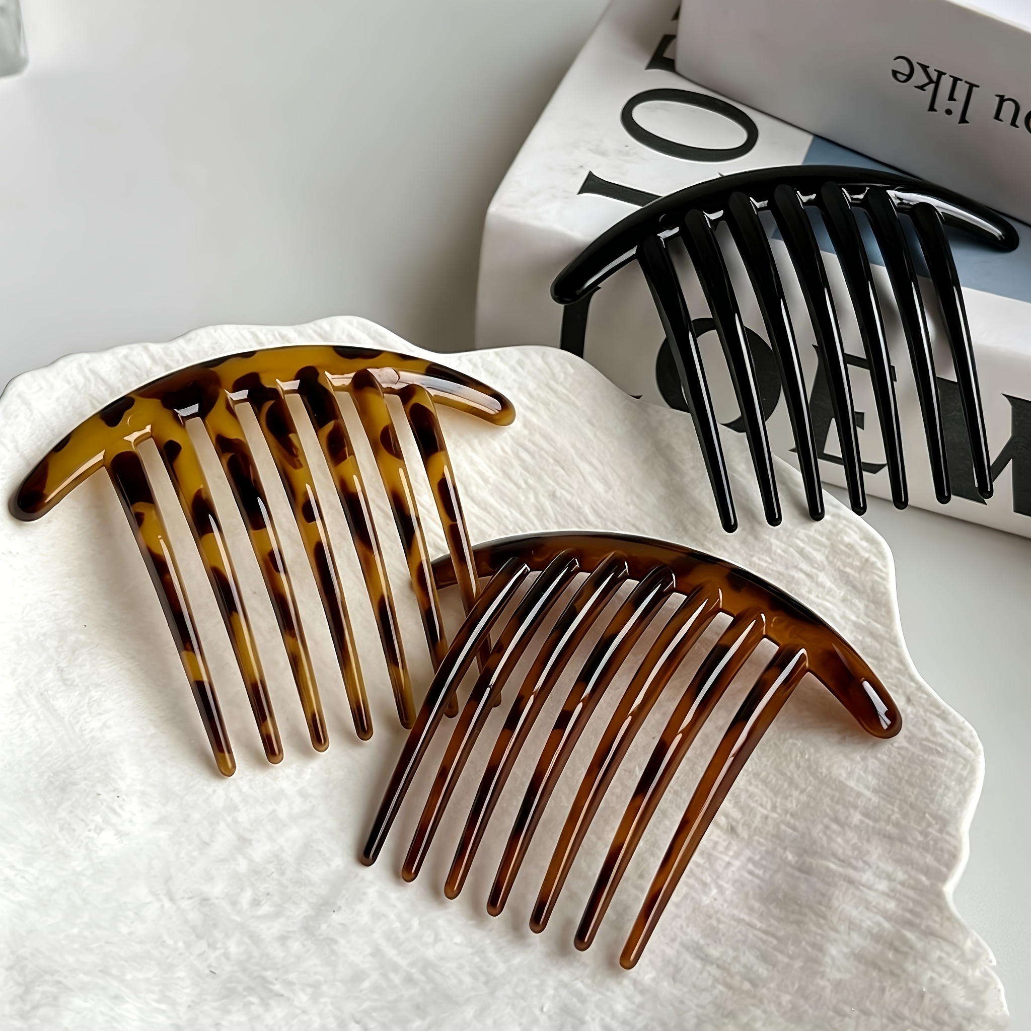 TEMU 3er-Set Retro Minimalistische Leopardenmuster 7-Zahn Haarspangen und Ponykamm aus Kunststoff, Einfaches Premium-Haar-Design für Pendeln, Reisen,