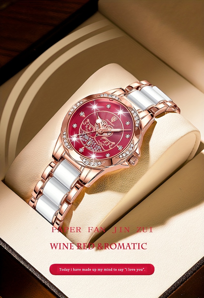 elegant womens quartz watch stainless   calendar feature fashionable design with pink and white accents casual wristwatch elegant   precise   alloy case watch details 0