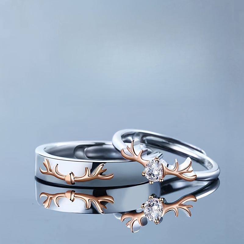 TEMU 1 Set - 2pcs, Forest Antler Theme Couple Rings, Adjustable Ring Size, Suitable For Daily Wear, Valentine's Day Gift, Anniversary Gift, For