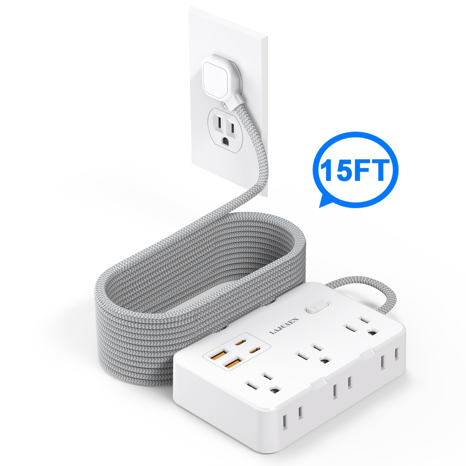 LAJCAEN Surge Protector Power Strip – 6 AC Outlets with 4 USB Ports, 2 USB-C, 1050J Protection & Braided Extension Cord for Home Office Dorm — Zaynora Luxury Marketplace