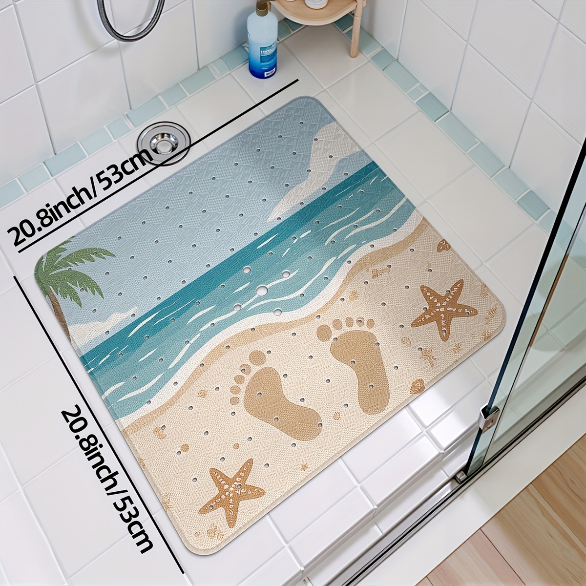 Image of 1pc Bathtub Mat Non-slip Bath Tub Shower Mat With Suction Cups, Beach Footprint Pattern Bathtub Rug Bathroom Mat Bathroom Rug Home Decoration