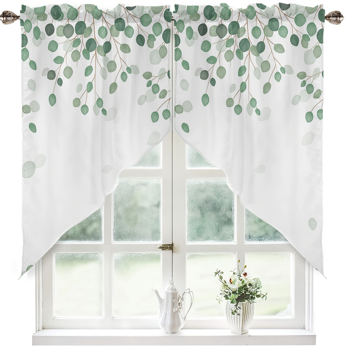 TEMU Ein Set dreieckiger Küchenvorhänge und Gardinen im minimalistischen Design mit Eukalyptusblättern für Frühling und Sommer, mit einem halb-dunkel