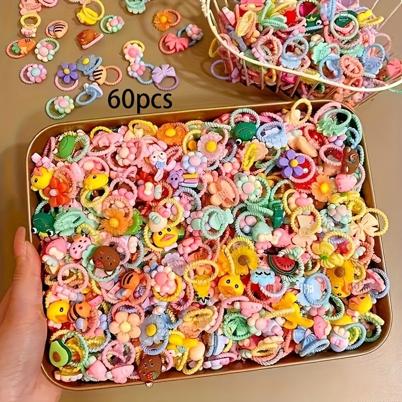 Image of 60pcs Elastic Hair Tie Set, Cute Hair Rope, Does Not Damage Hair, Small Size, Thumb Ring Design, Suitable For Thin Hair, Wholesale Hair Ties For