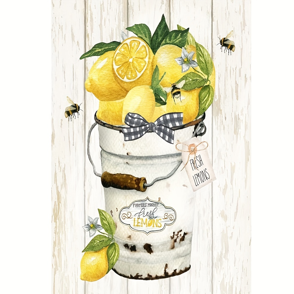 

1pc Rustic Lemon Bucket Design With Bees, Spring & Summer Floral Tin Sign (12x8 Inches), High-quality Metal Wall Art, Vintage Decor For Kitchen, Garden, Home, Bars, Restaurants, Cafes, Pubs