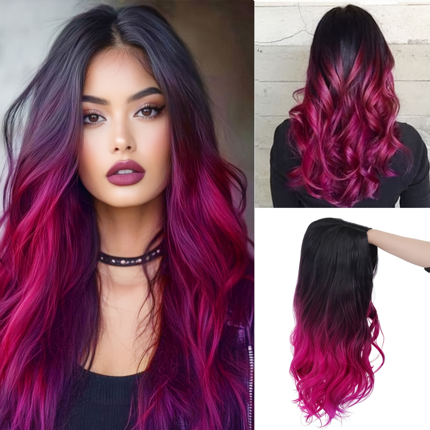 TEMU Ombre Purple Wig Long Curly Wavy Wig For Women Colored Synthetic Heat Resistant Wig For Daily Party Costume Halloween Long Curly Wavy Red Mixed Purple Middle Part Wig For Halloween