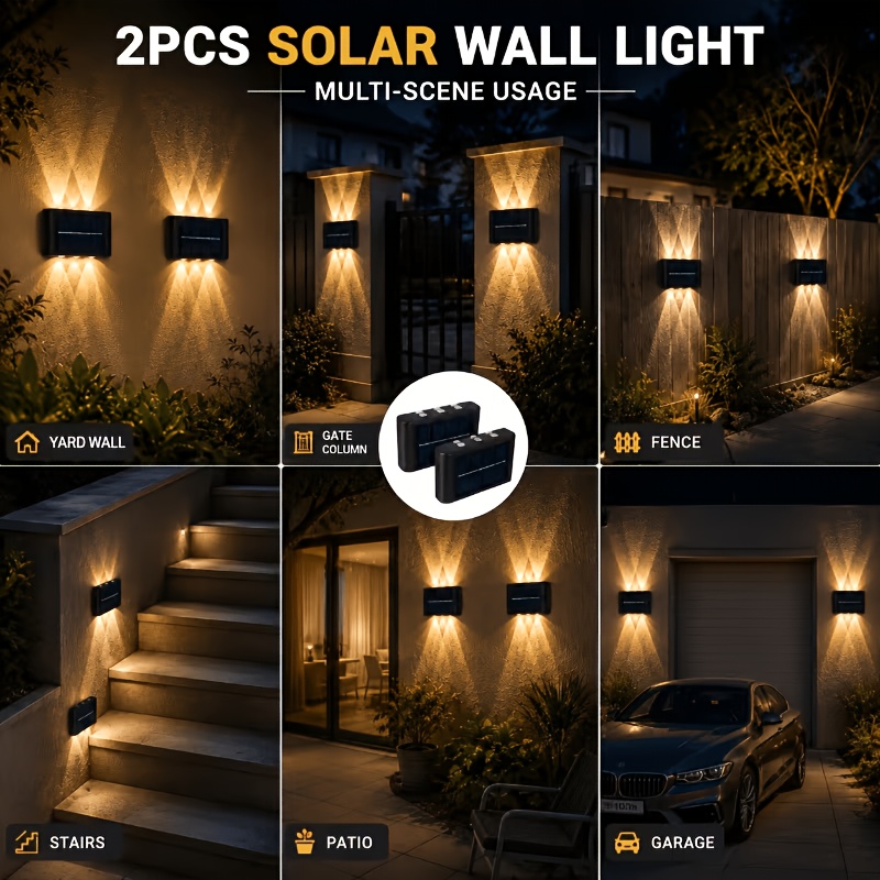 TEMU 2pcs Set, 6pcs Led Lamp Beads Outdoor Solar Wall Lights, Site Lighting Fixtures Fence Lights Garden Light Wall Lights, Warm Light Outdoor Wall