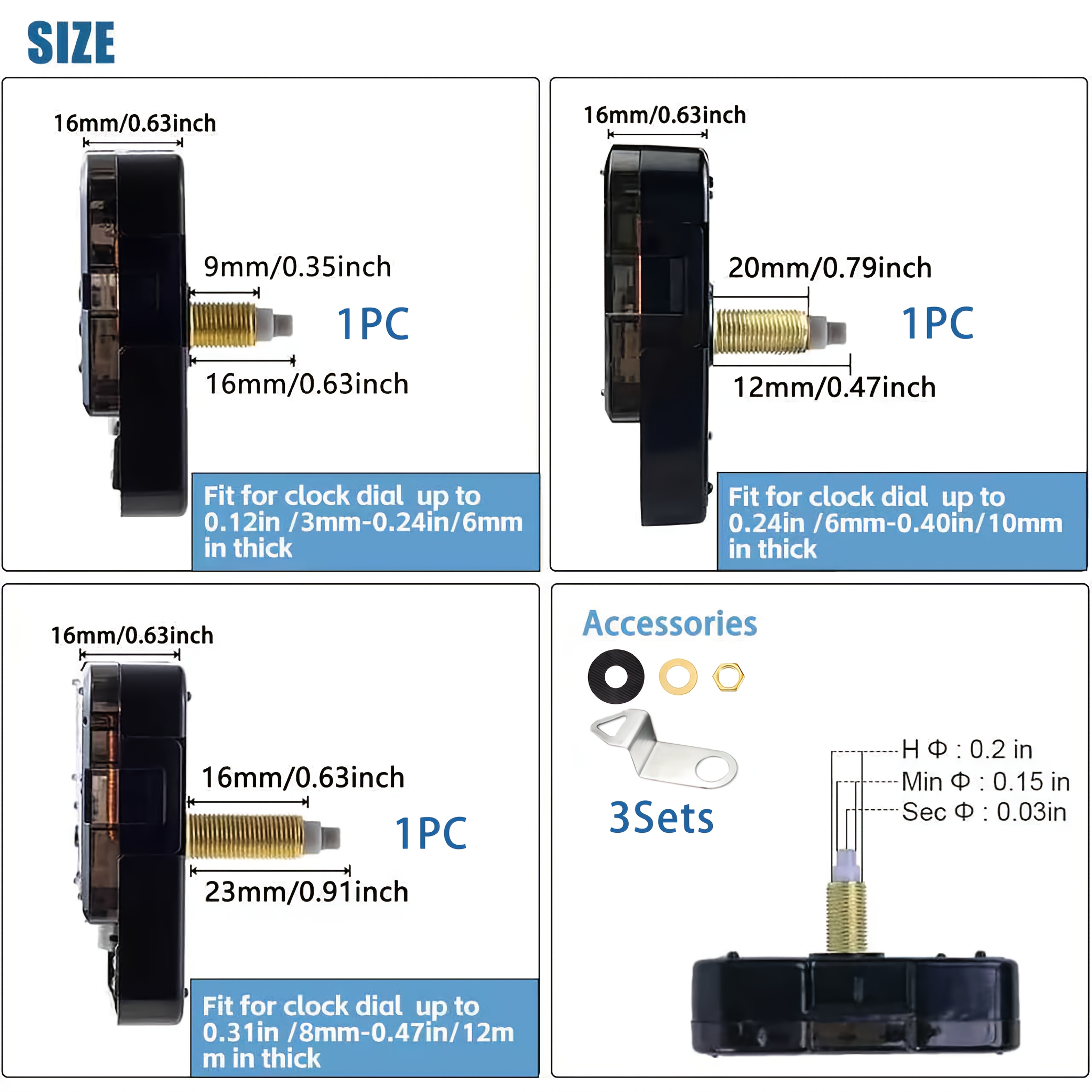 3 vnt. tylaus kvarcinio laikrodžio mechanizmo rinkinys, velenų ilgiai: 16 mm, 20 mm, 23 mm, komplekte 5 poros laikrodžio rodyklių, skirtas laikrodžių remontui, keitimui ir „pasidaryk pats“, tinka namų ir biuro dekoravimui, dovana laikrodžių entuziastams