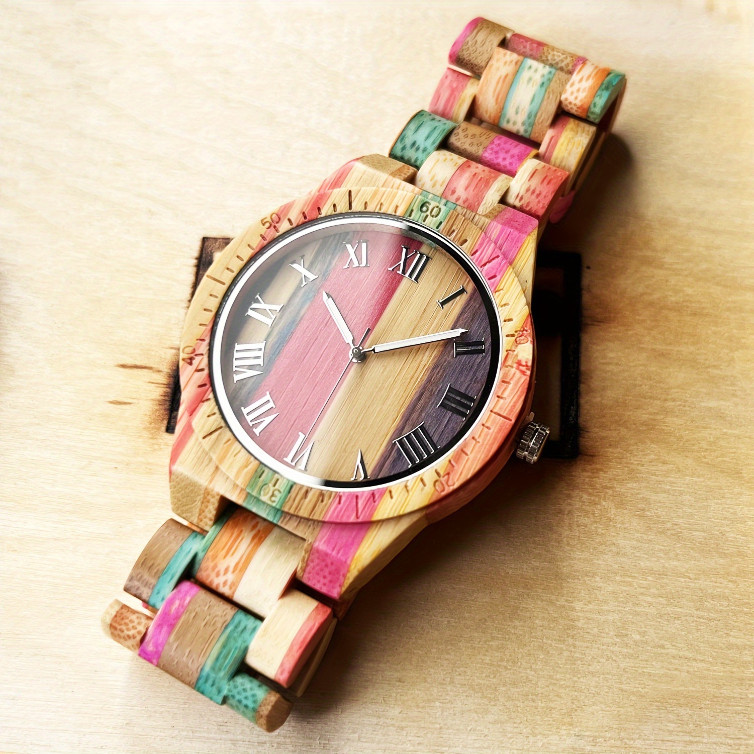 

Casual Wooden Wrist Watch For Men And Women, Quartz Movement, Analog Display, Handcrafted Multicolor Wooden Band And Case, Non-rechargeable Battery - Fashion Accessory