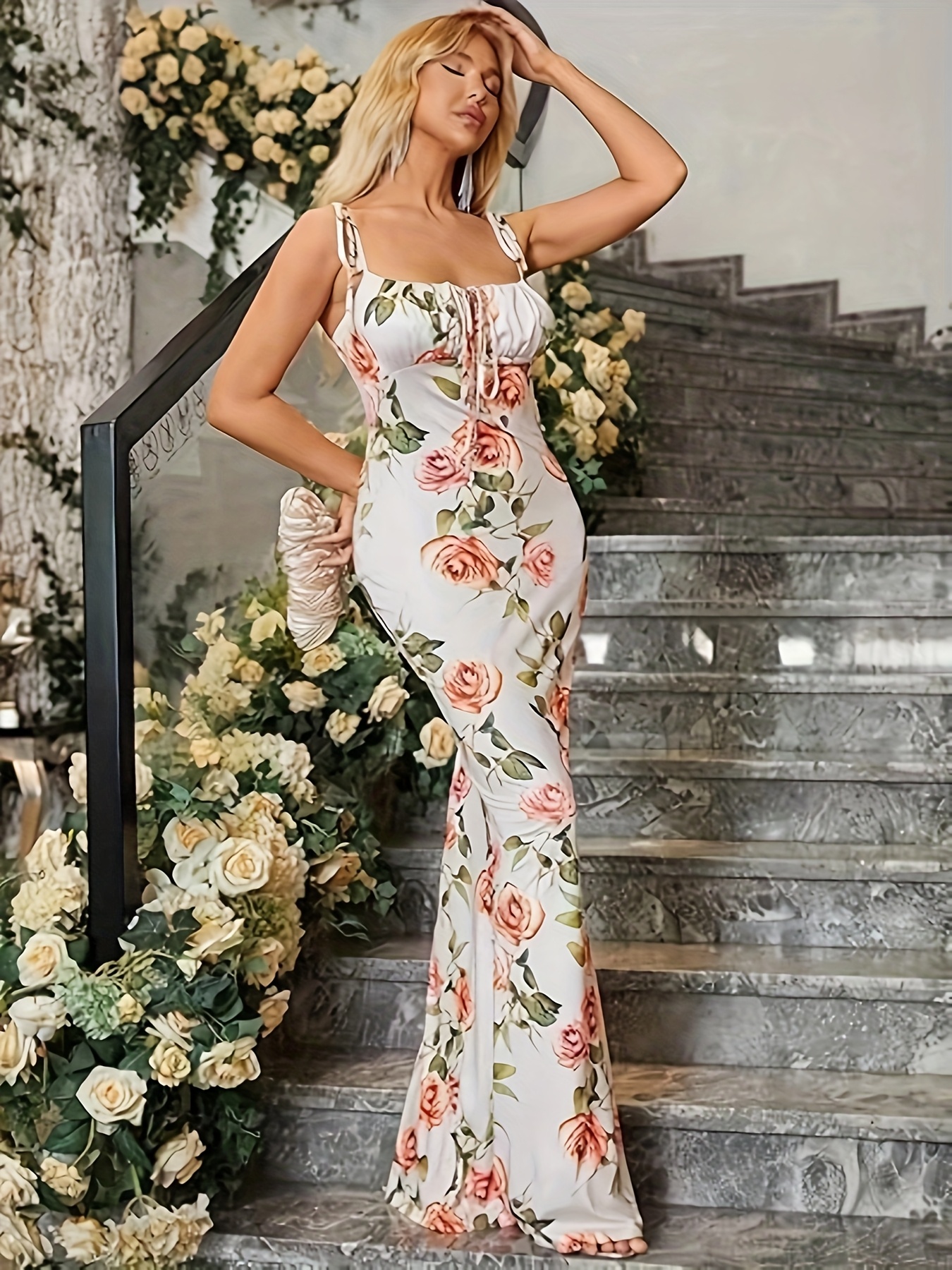vestido elegante cintura estampado floral escote Temu Colombia