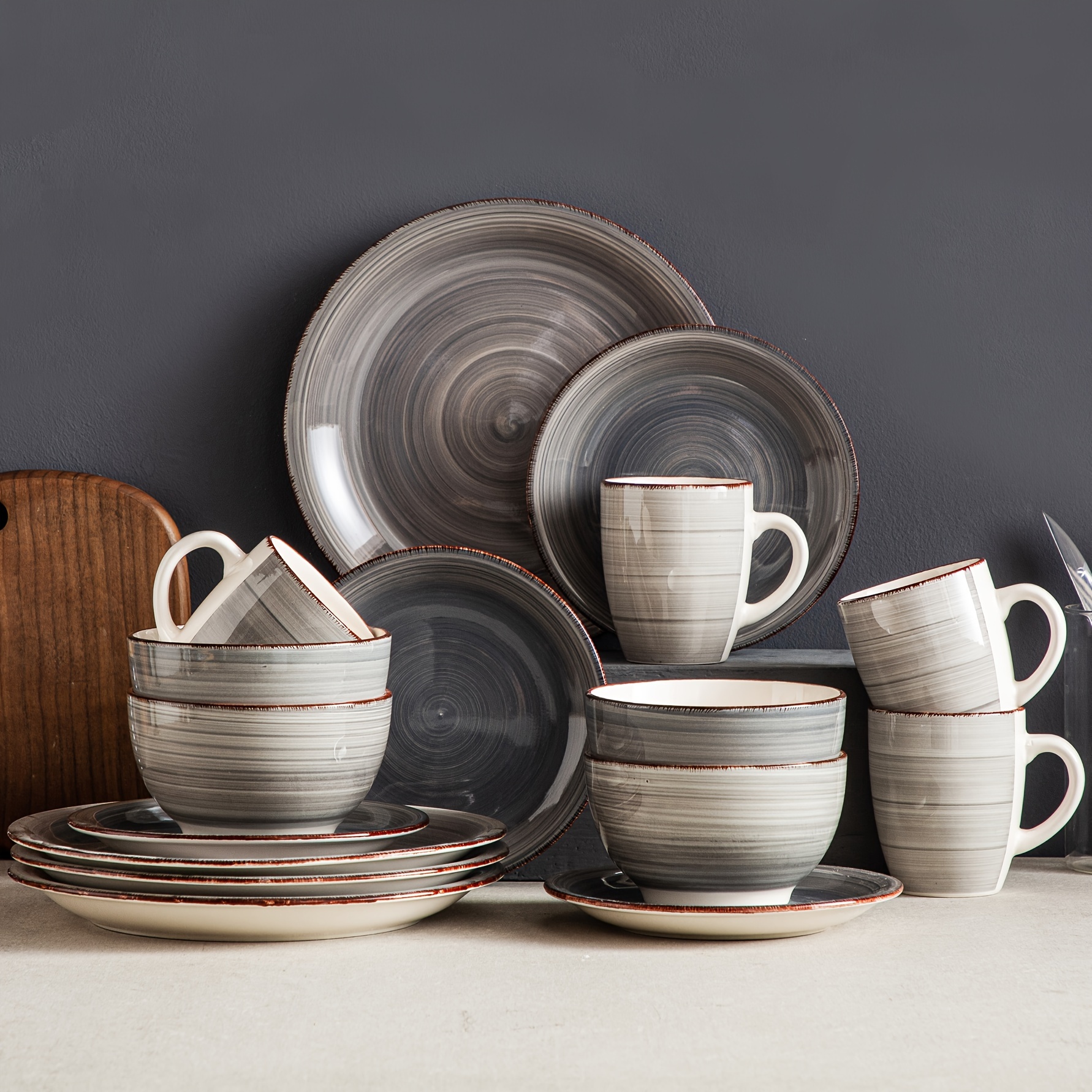 E-shop Dinner Set für 4 Personen, Tontopf Teller Schüssel Set, handbemalte Tafelgeschirre, 16-teiliges mehrfarbiges Dinner Service Set mit