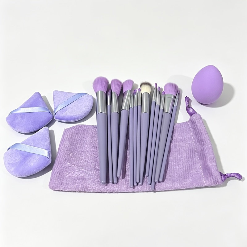 TEMU Set de 18 pièces d'outils de maquillage, comprenant 13 pinceaux de maquillage violets + éponge de maquillage + pochette de rangement. kit de