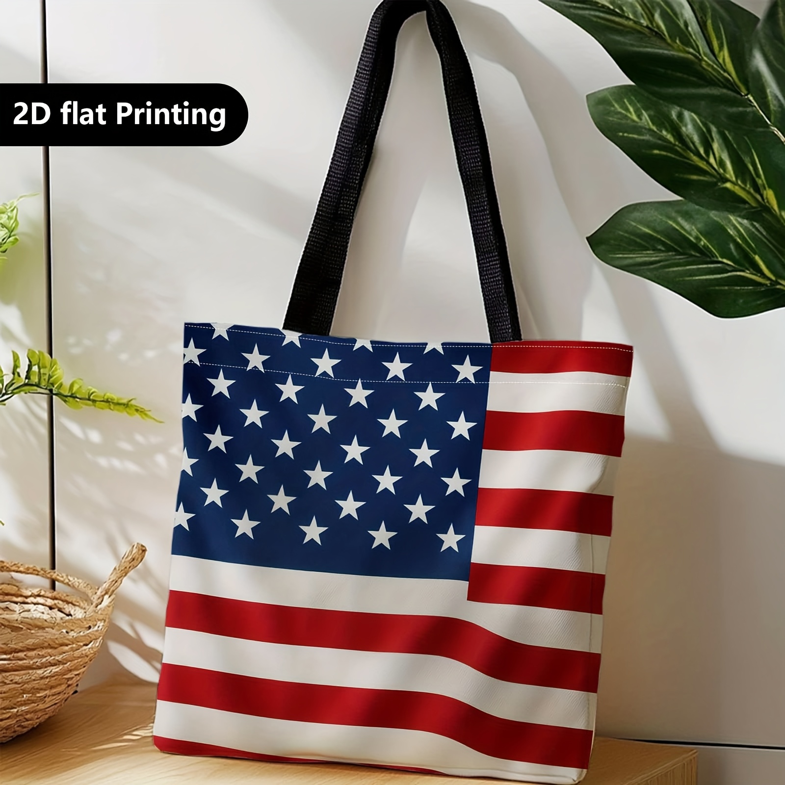 TEMU 1pc Shopping Bag, Portable Shoulder Back Handbag, American Flag, Stars And Stripes, Patriotic Symbol, Suitable For Travel, Cosmetics, Bag, Home