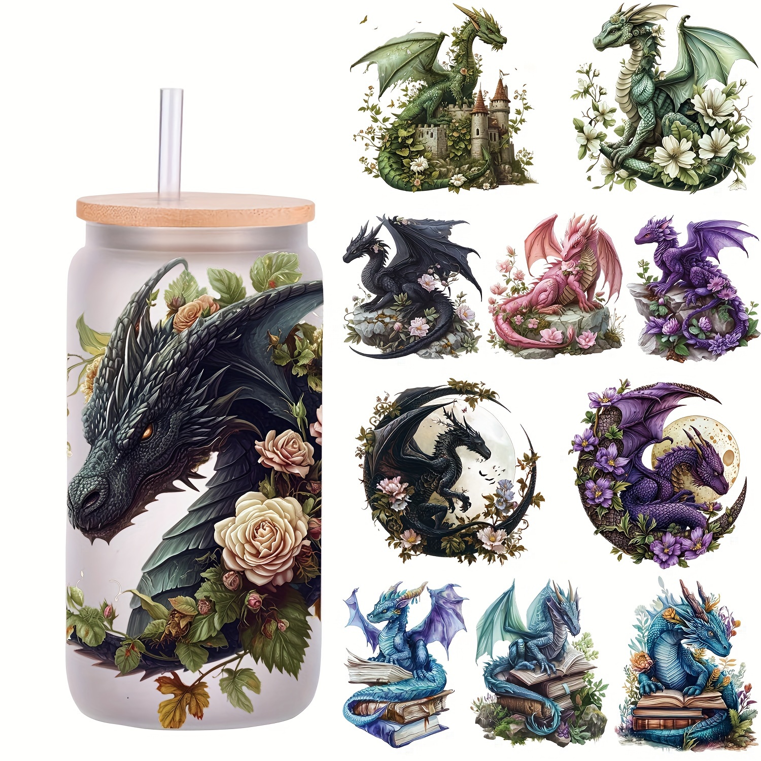 

5 Pcs/set Of Pink Dragon Decorative Stickers - 16 Oz Glass Mugs - Uv Dtf Printing - High-quality Vinyl - Perfect For Coffee Cups - Artistic Paper Crafts