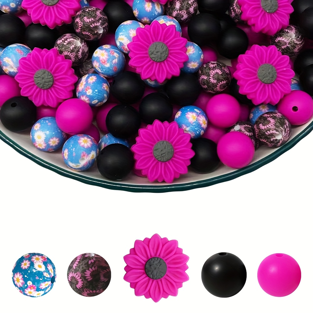 TEMU 25pcs Silicone Flower Beads For Crafts - Purple Sunflower Design, Black And Pink Dotted, Multiple Color Options (purple, Pink, Black, Blue) For