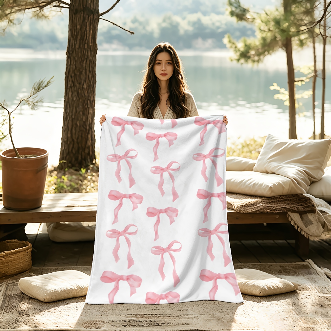TEMU 2d Flat Print 1pc Soft And Comfortable Pink Bow Print Blanket | , Lightweight Flannel, Suitable For Sofa, Bed, Living Room Chairs, And Travel -