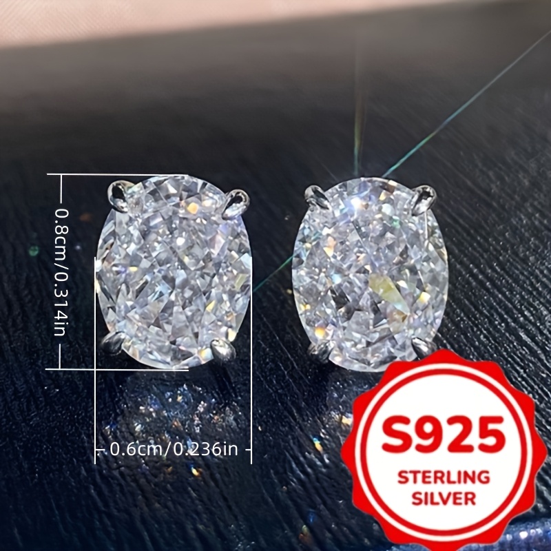 TEMU Elegant 925 Sterling Silver Oval Stud Earrings, Sparkling Hypoallergenic Cubic Zirconia, For Women's Wedding And , Fashion Earrings, Jewelry