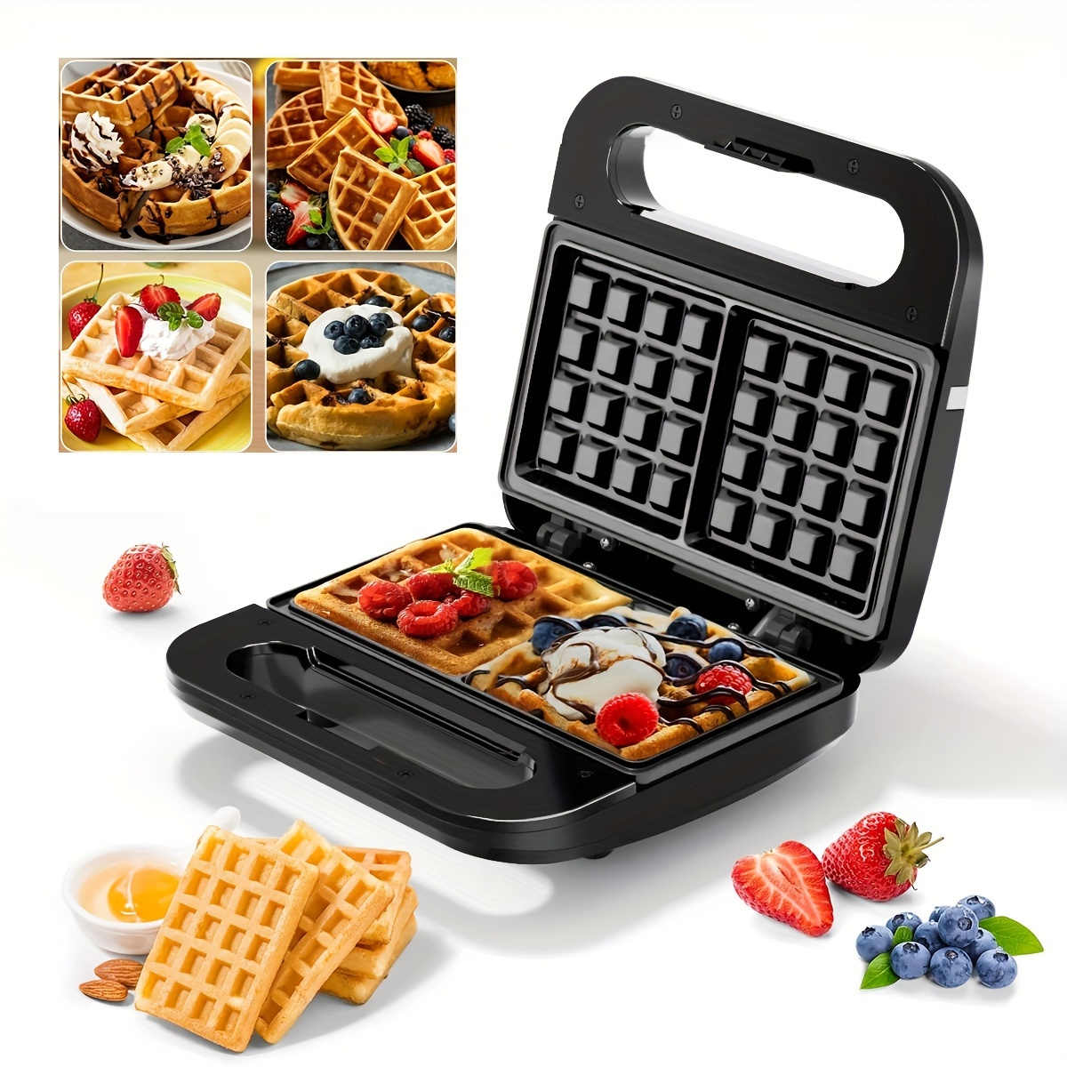 컴팩트 멀티펑션 와플 메이커, 장식 액세서리 포함 - 빠른 가열, 터치 컨트롤, 1000w 전기 아침 식사 & 케이크 메이커, 논스틱 플레이트, 가정용 이상적 - 블랙 세부 정보 2