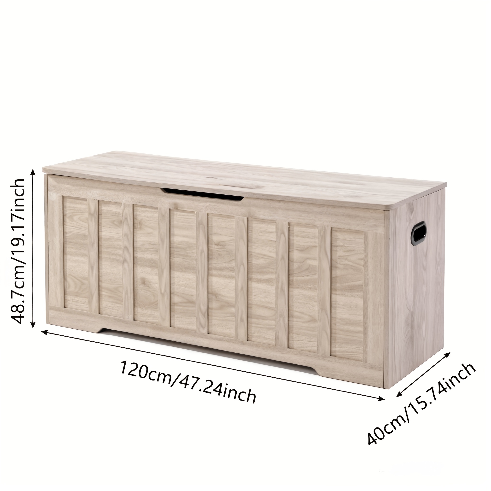 A Large Storage Desk Measuring 47.2 Inches, Featuring a Storage Box Equipped with Two Safety Gel Buffer Hinges. This Box Is Suitable for Use in The Living Room Or Bedroom, Can Support Up to 150 Pounds, Has Two U-Shaped Cutouts