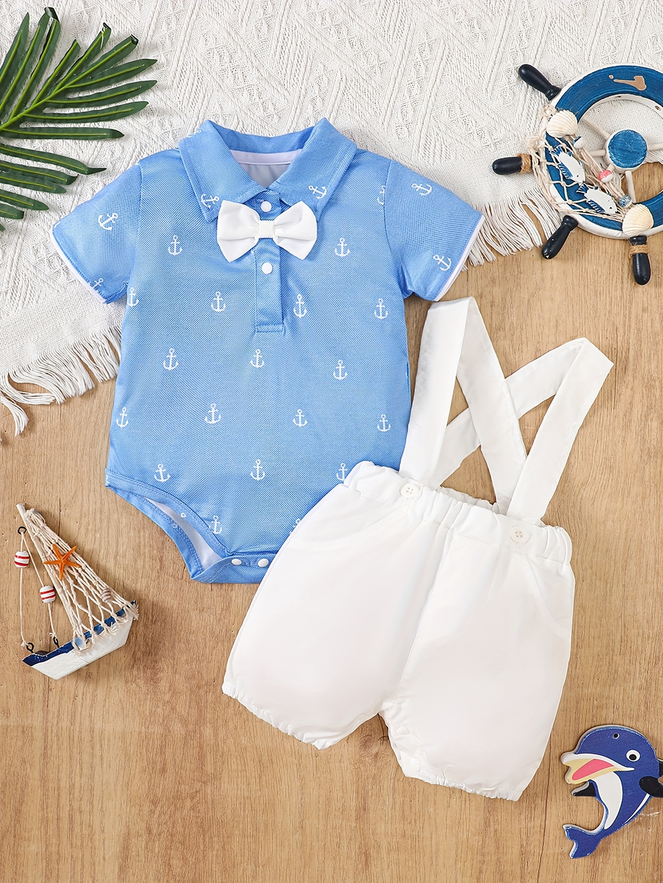 Newborn Baby Boys and Girls Summer Bodysuit with Print Short Sleeve Bib  Overalls Two-Piece Set Matching